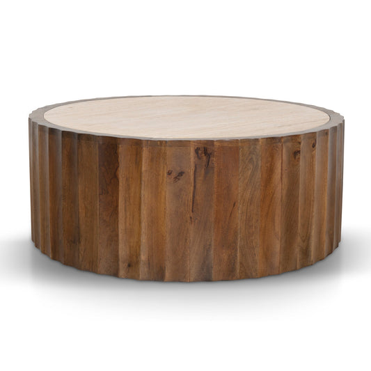 89cm Travertine Top Round Coffee Table - Walnut