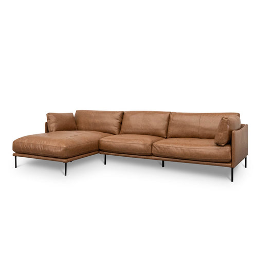 4 Seater Left Chaise Leather Sofa - Caramel Brown