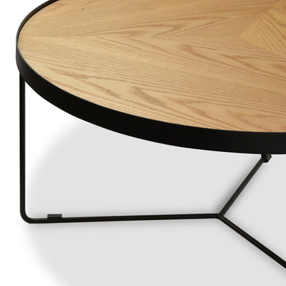 90x45cm Round Coffee Table - Natural Top - Black Frame