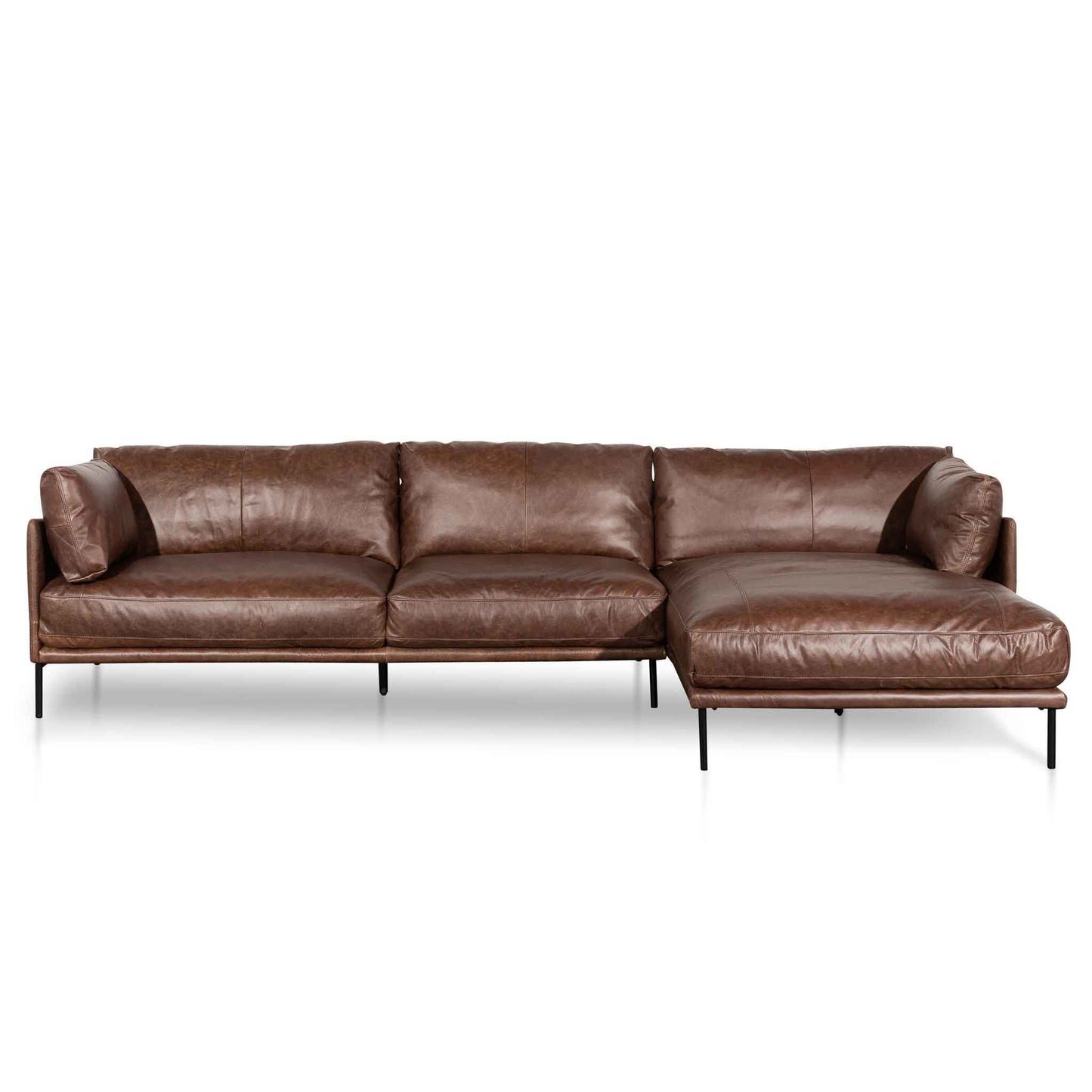 4 Seater Right Chaise Leather Sofa - Dark Brown