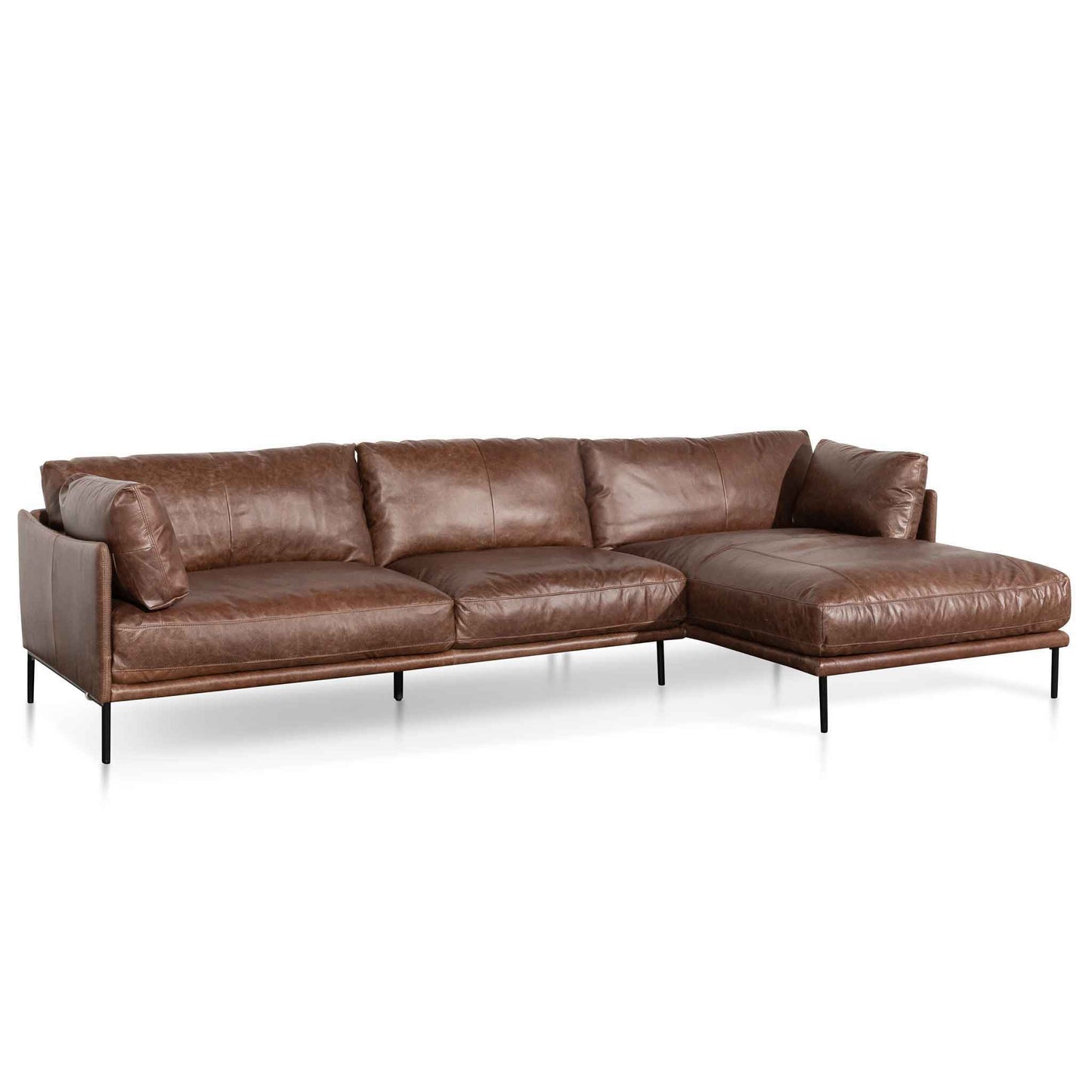 4 Seater Right Chaise Leather Sofa - Dark Brown