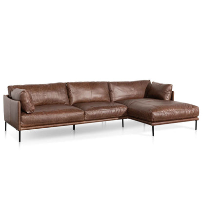 4 Seater Right Chaise Leather Sofa - Dark Brown