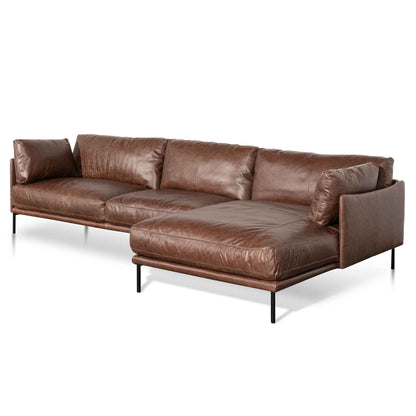 4 Seater Right Chaise Leather Sofa - Dark Brown