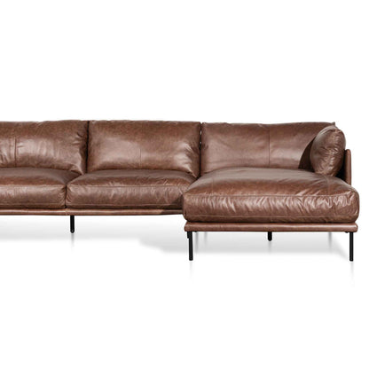 4 Seater Right Chaise Leather Sofa - Dark Brown