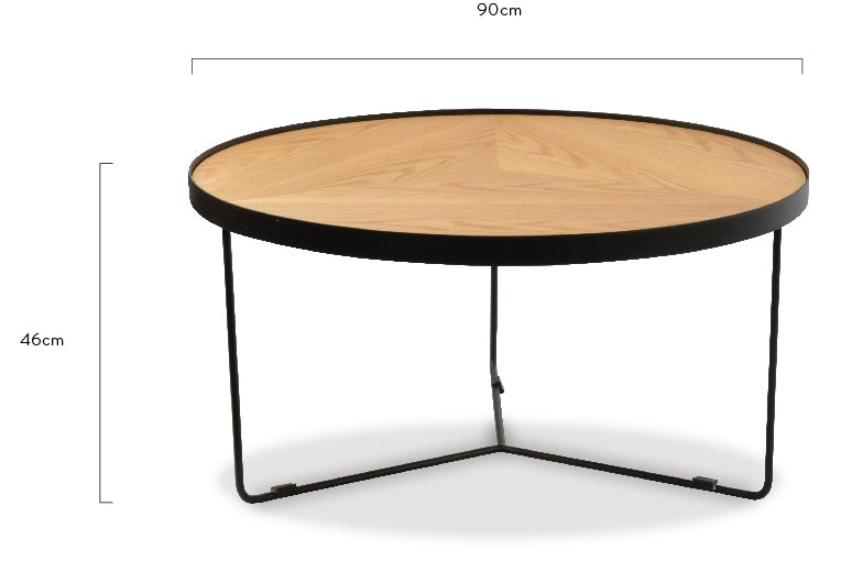 90x45cm Round Coffee Table - Natural Top - Black Frame