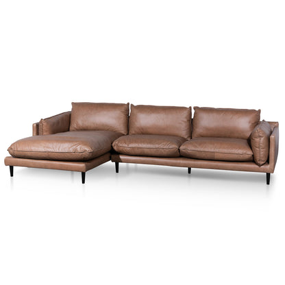 4 Seater Left Chaise Leather Sofa - Saddle Brown